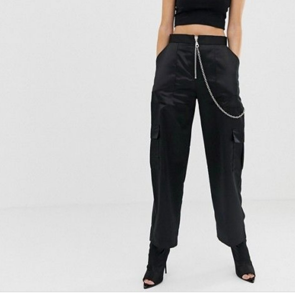 Satin wide leg high waist pants with chain